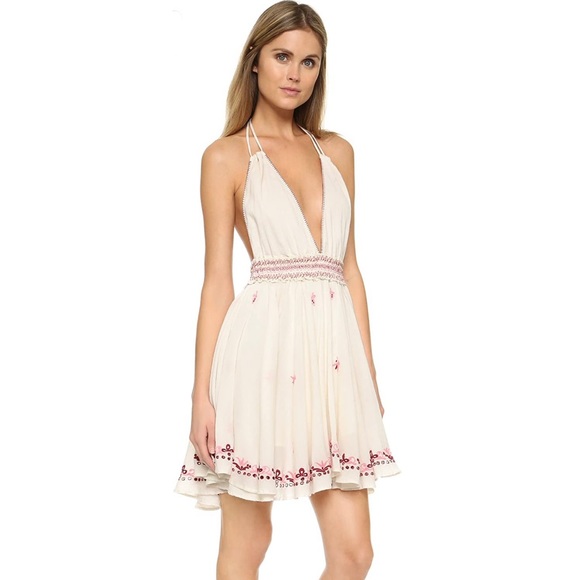 LoveShackFancy Dresses & Skirts - LoveShackFancy Cream Backless Halter Mini Dress with Pink Embroidery